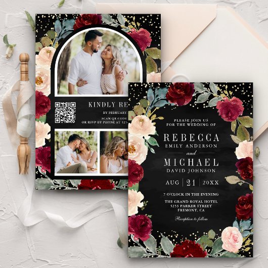 Invitation Bourgogne Pêche Floral Noir Code QR Mariage
