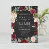 Invitation Bourgogne Pêche Floral Noir Code QR Mariage (Debout devant)