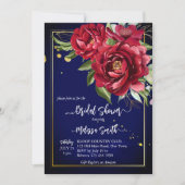 Invitation Bourgogne peoné bleu royal fleuri nuptiale douche (Devant)