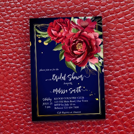 Invitation Bourgogne peoné bleu royal fleuri nuptiale douche