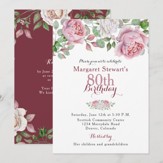 Invitation Bourgogne Pink Pays Rose 80e anniversaire Invitati (Devant / Derrière)