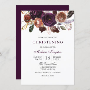 Invitation Bourgogne Plum pourpre Floral Baptême Christening