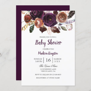 Invitation Bourgogne Plum violet Baby shower floral Invitatio