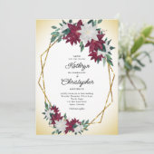 Invitation Bourgogne Poinsettia Gold Frame Mariage Noël (Debout devant)