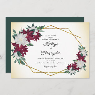Invitation Bourgogne Poinsettias Gold Frame Mariage de Noël