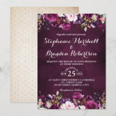 Invitation Bourgogne prune pourpre aquarelle floral rustique (Devant / Derrière)