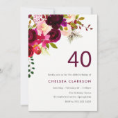 Invitation Bourgogne Red Boho Floral 40e fête d'anniversaire (Devant)