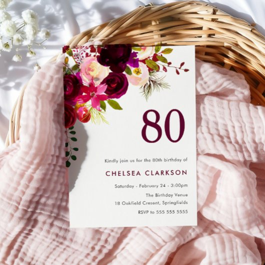 Invitation Bourgogne Red Boho Floral 80e fête d'anniversaire