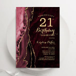 Invitation Bourgogne Red Gold Agate 21e anniversaire<br><div class="desc">Bourgogne et or agate 21e anniversaire invitation fête. Elégant design moderne avec marsala rouge foncé aquarelle agate marbre arrière - plan,  fausse parties scintillant or et typographie script. Carte invitation branchée parfaite pour une célébration anniversaire féminine élégante. Invitations Zazzle imprimées ou téléchargement instantané modèle imprimable numérique.</div>