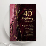 Invitation Bourgogne Red Gold Agate 40e anniversaire<br><div class="desc">Bourgogne et or agate 40e anniversaire invitation fête. Elégant design moderne avec marsala rouge foncé aquarelle vin agate marbre arrière - plan,  fausse parties scintillant or et typographie script police. Carte invitation branchée parfaite pour une célébration anniversaire féminine élégante. Invitations Zazzle imprimées ou téléchargement instantané modèle imprimable numérique.</div>