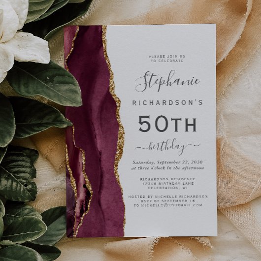 Invitation Bourgogne Red Gold Agate 50e fête d'anniversaire