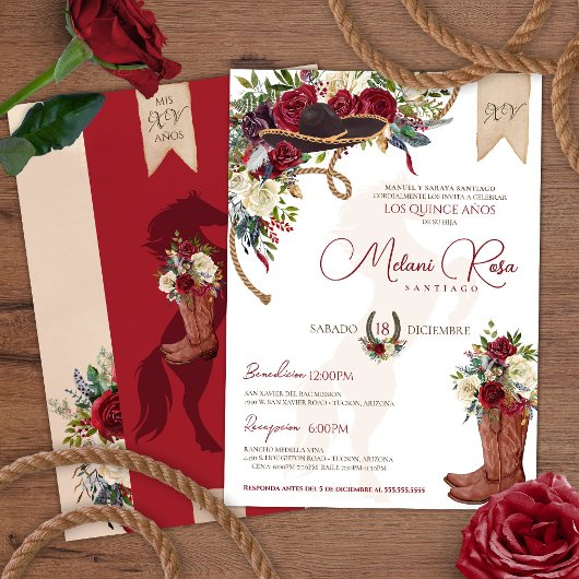 Invitation Bourgogne Red Western Charro espagnol Quinceanera