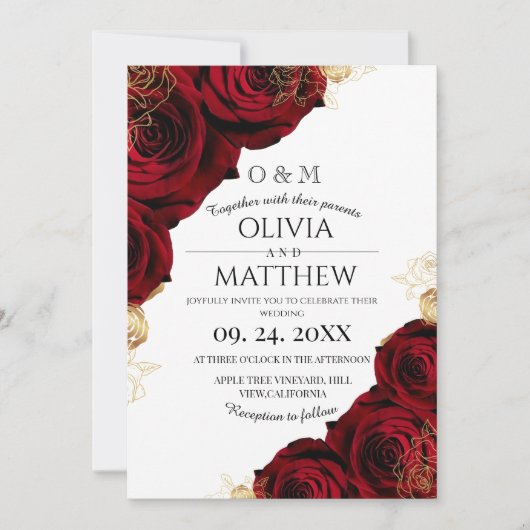 Invitation Bourgogne romantique et or Rose rouge Mariage (Devant)