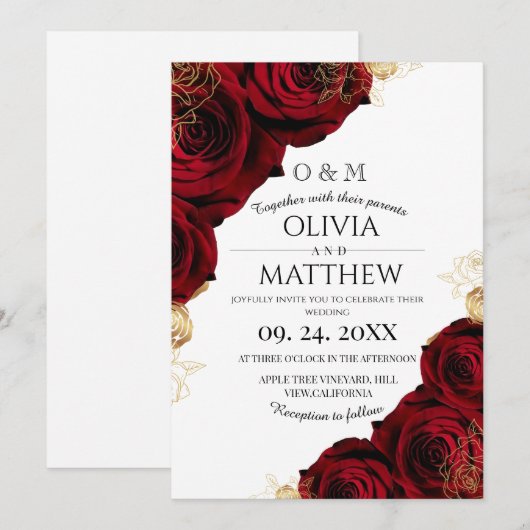 Invitation Bourgogne romantique et or Rose rouge Mariage (Devant / Derrière)