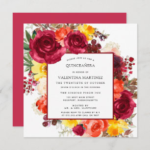 Invitation Bourgogne Rose Automne Floral Quinceanera