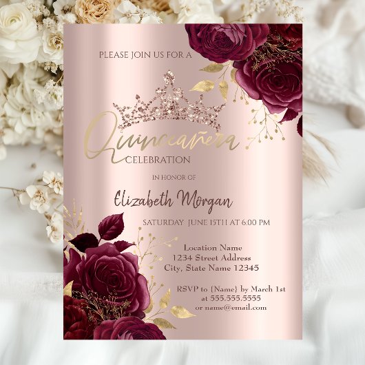 Invitation Bourgogne Rose Chic Rose Gold Quinceañera