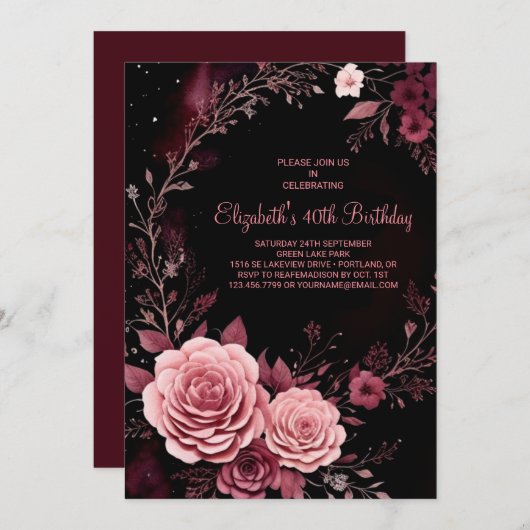 Invitation Bourgogne Rose Custom 40e anniversaire (Devant / Derrière)