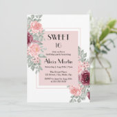 Invitation Bourgogne Rose Fleur Douce 16 Blanc Anniversaire (Debout devant)