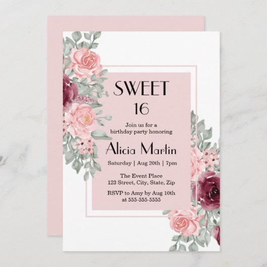 Invitation Bourgogne Rose Fleur Douce 16 Blanc Anniversaire (Devant / Derrière)