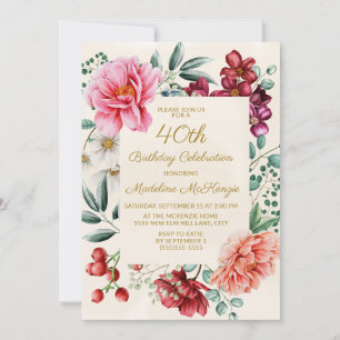 Invitation Bourgogne rose Floral 40e anniversaire