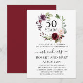 Invitation Bourgogne Rose Floral 50e anniversaire de mariage (Devant / Derrière)