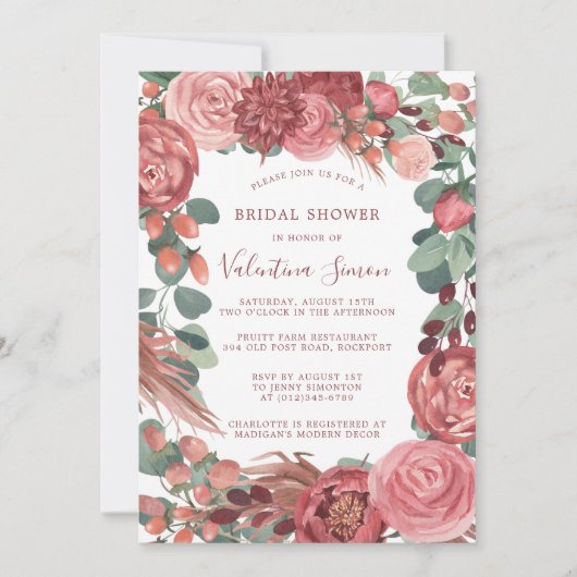 Invitation Bourgogne Rose Floral Bridal Invitat (Devant)