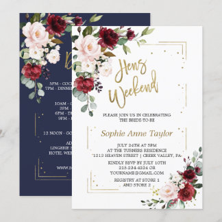 Invitation Bourgogne Rose Floral Gold Bachelorette Week-end