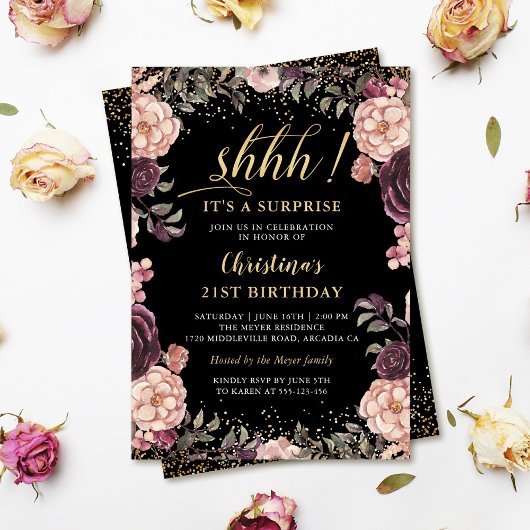 Invitation Bourgogne rose Floral Noir Surprise fête d'anniver