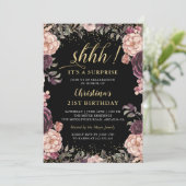 Invitation Bourgogne rose Floral Noir Surprise fête d'anniver (Debout devant)