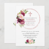 Invitation Bourgogne Rose Floral Or 1er Anniversaire & Baptêm (Devant / Derrière)