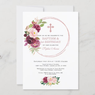 Invitation Bourgogne Rose Floral Or 1er Anniversaire & Baptêm