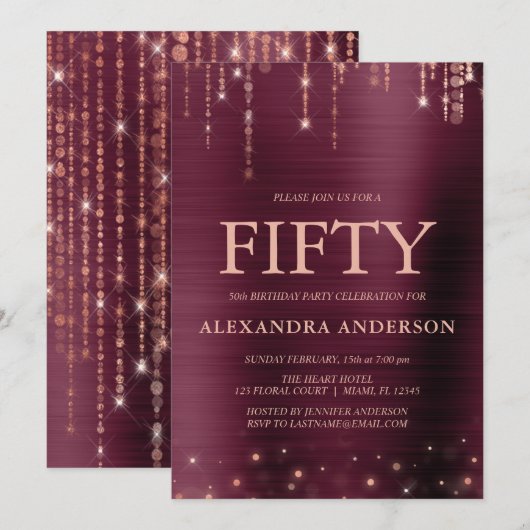 Invitation Bourgogne Rose Gold Cinquante-ème fête d'anniversa (Devant / Derrière)