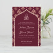 Invitation Bourgogne Rose Gold Damask Arch Mariage musulman (Debout devant)