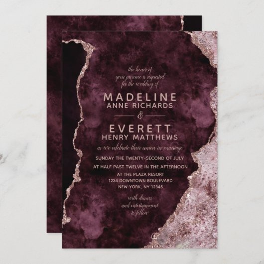 Invitation Bourgogne & Rose Gold Marblé Agate Mariage (Devant / Derrière)