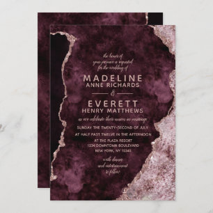 Invitation Bourgogne & Rose Gold Marblé Agate Mariage