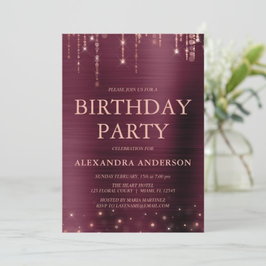 Invitation Bourgogne Rose Gold N'importe quel âge fête d'anni (Debout devant)