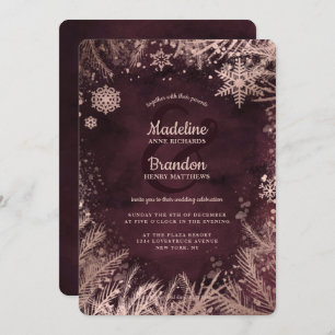 Invitation Bourgogne & Rose Gold Snowflakes Mariage de vacanc