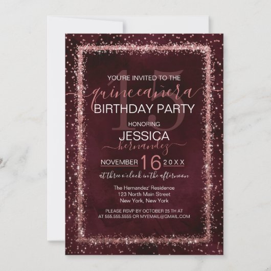 Invitation Bourgogne Rose Gold Sprinted Confetti Quinceañera (Devant)