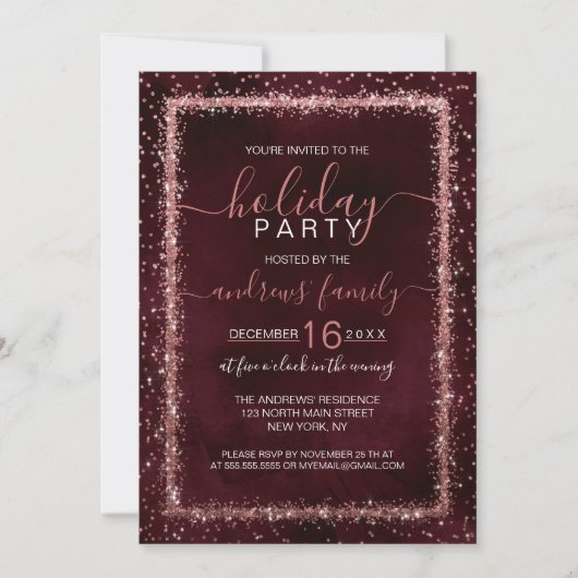 Invitation Bourgogne Rose Gold Sprinted Confetti vacances (Devant)