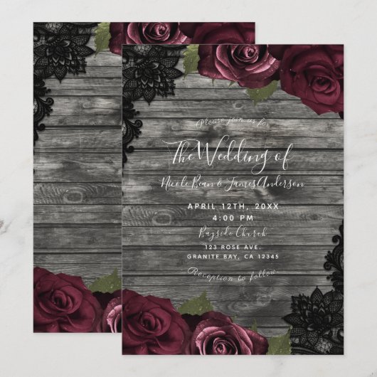 Invitation Bourgogne Rose gris bois noir dentelle Mariage (Devant / Derrière)