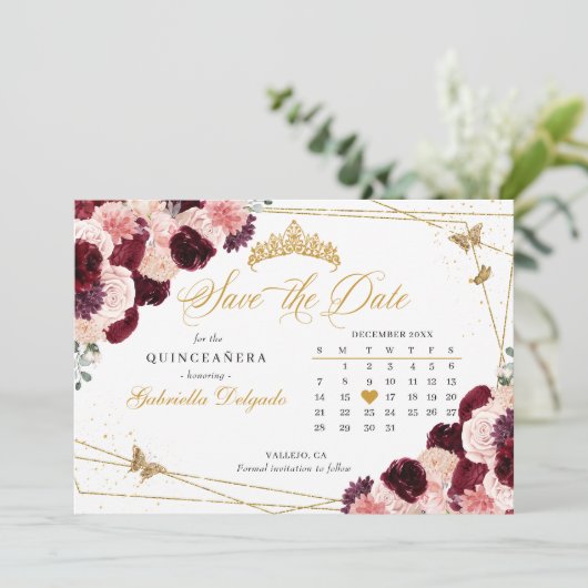 Invitation Bourgogne Rose & Or Quinceañera Enregistrer La Dat (Debout devant)