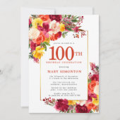 Invitation Bourgogne rose orange jaune floral 100e anniversai (Devant)