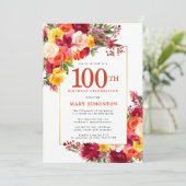 Invitation Bourgogne rose orange jaune floral 100e anniversai (Debout devant)