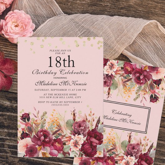 Invitation Bourgogne rose Parties scintillant d'or floral 18e