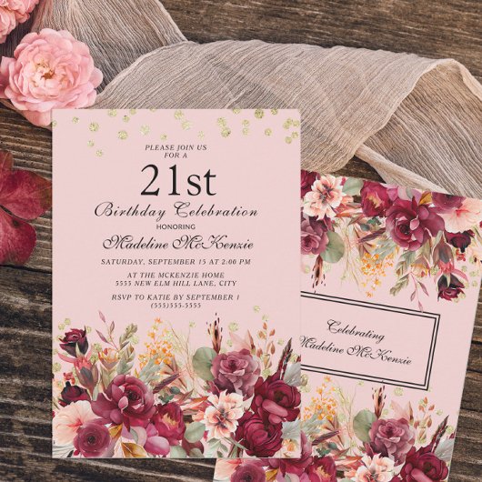 Invitation Bourgogne rose Parties scintillant d'or floral 21e