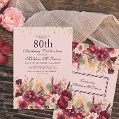 Invitation Bourgogne rose Parties scintillant d'or floral 80e