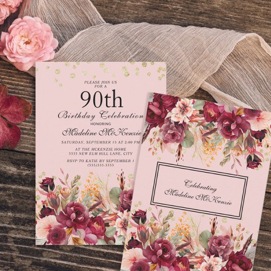 Invitation Bourgogne rose Parties scintillant d'or floral 90e