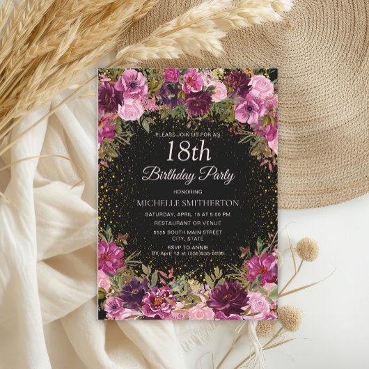 Invitation Bourgogne rose Parties scintillant florale Noir 18