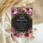 Invitation Bourgogne rose Parties scintillant florale Noir 30<br><div class="desc">Elégante et romantique rose,  bordeaux,  et violet aquarelle vintage florale et feuillage sur coutume noire 30e anniversaire invitation à la fête avec parties scintillant or. Personnalisé avec le nom de l'invité d'honneur.</div>