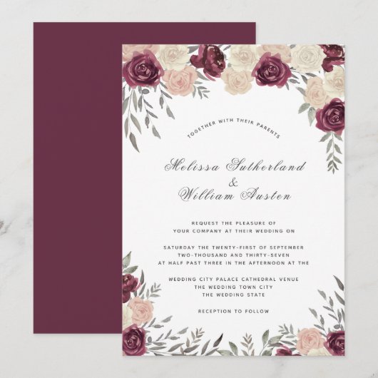 Invitation Bourgogne Rose Poudré Mariage Rose Clair Dusty (Devant / Derrière)